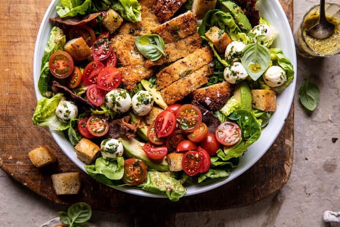 Crispy Italian Chicken and Bacon Salad with Tahini Pesto Dressing and Sourdough Croutons | halfbakedharvest.com