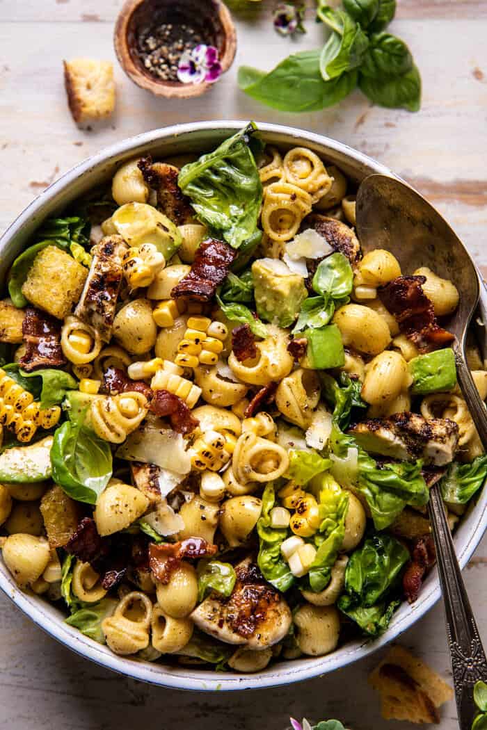 Pesto Chicken, Corn, and Avocado Bacon Pasta Salad | halfbakedharvest.com