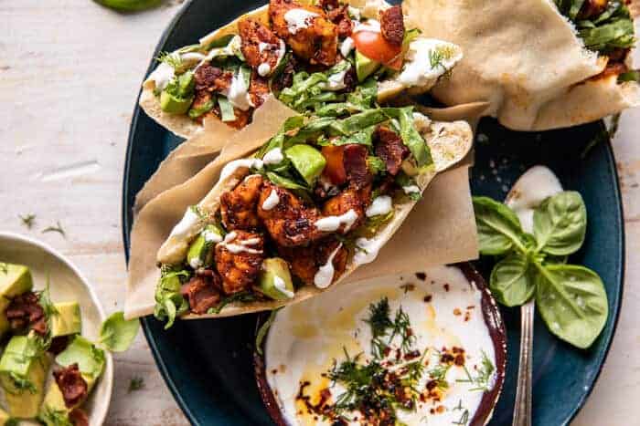 Rosemary Chicken and Avocado Bacon Pitas with Honey Feta Sauce | halfbakedharvest.com