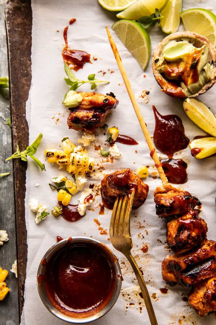 Spicy Beer BBQ Chicken Skewers with Avocado Corn and Feta Salsa | halfbakedharvest.com