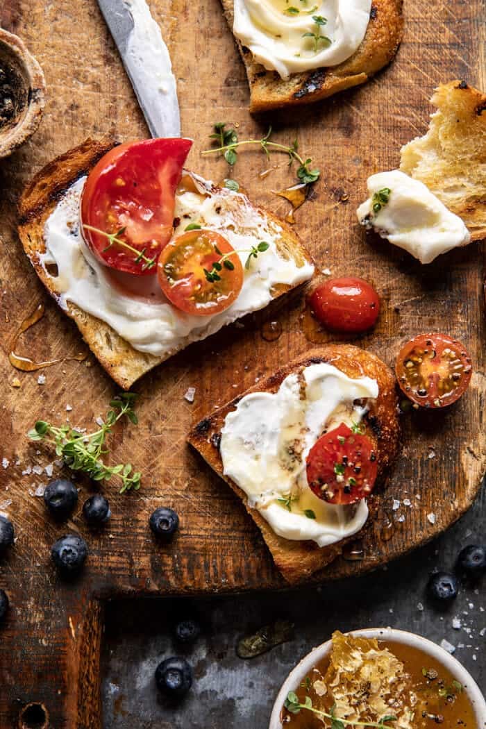 Whipped Ricotta Toast with Marinated Tomatoes and Lemon Thyme Honey | halfbakedharvest.com