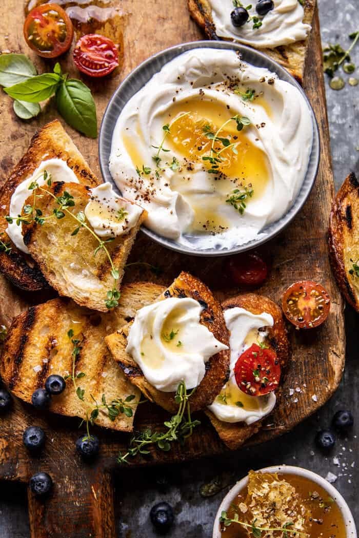 Whipped Ricotta Toast with Marinated Tomatoes and Lemon Thyme Honey | halfbakedharvest.com