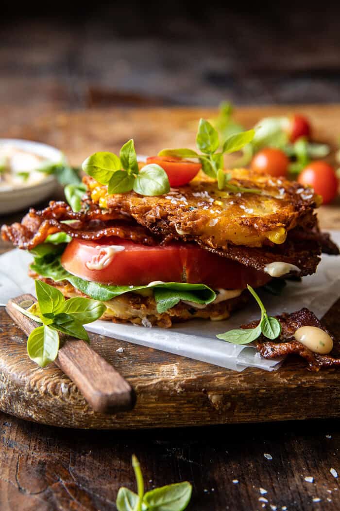 BLT Corn Fritter Stacks | halfbakedharvest.com
