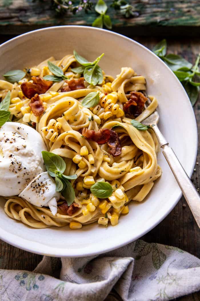 Garlic Herb Corn Carbonara with Burrata | halfbakedharvest.com Garlic Herb Corn Carbonara with Burrata | halfbakedharvest.com