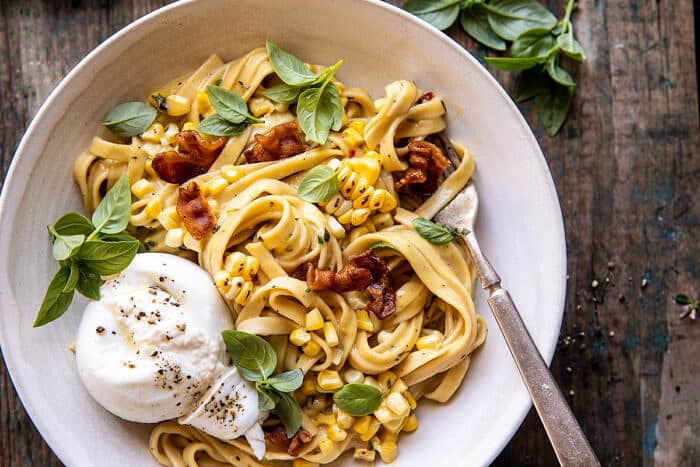 Garlic Herb Corn Carbonara with Burrata | halfbakedharvest.com Garlic Herb Corn Carbonara with Burrata | halfbakedharvest.com