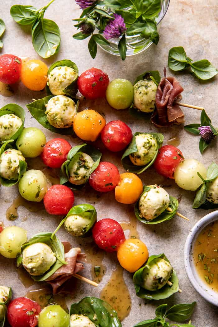 Marinated Mozzarella Melon Skewers | halfbakedharvest.com