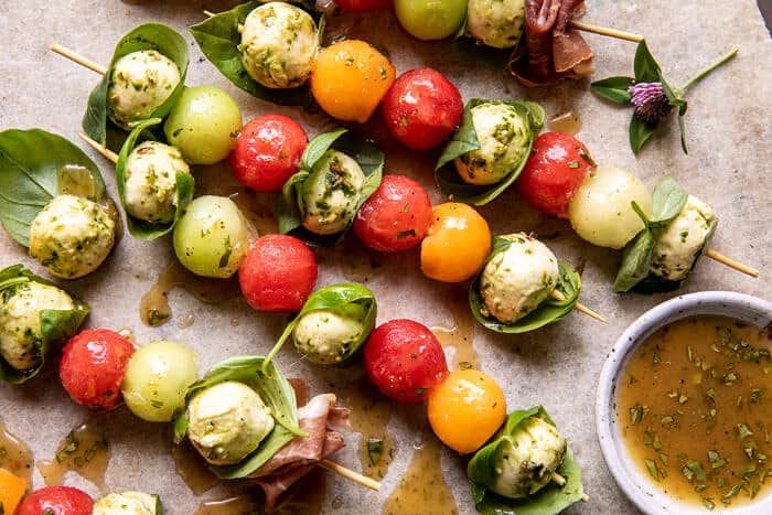 Marinated Mozzarella Melon Skewers | halfbakedharvest.com