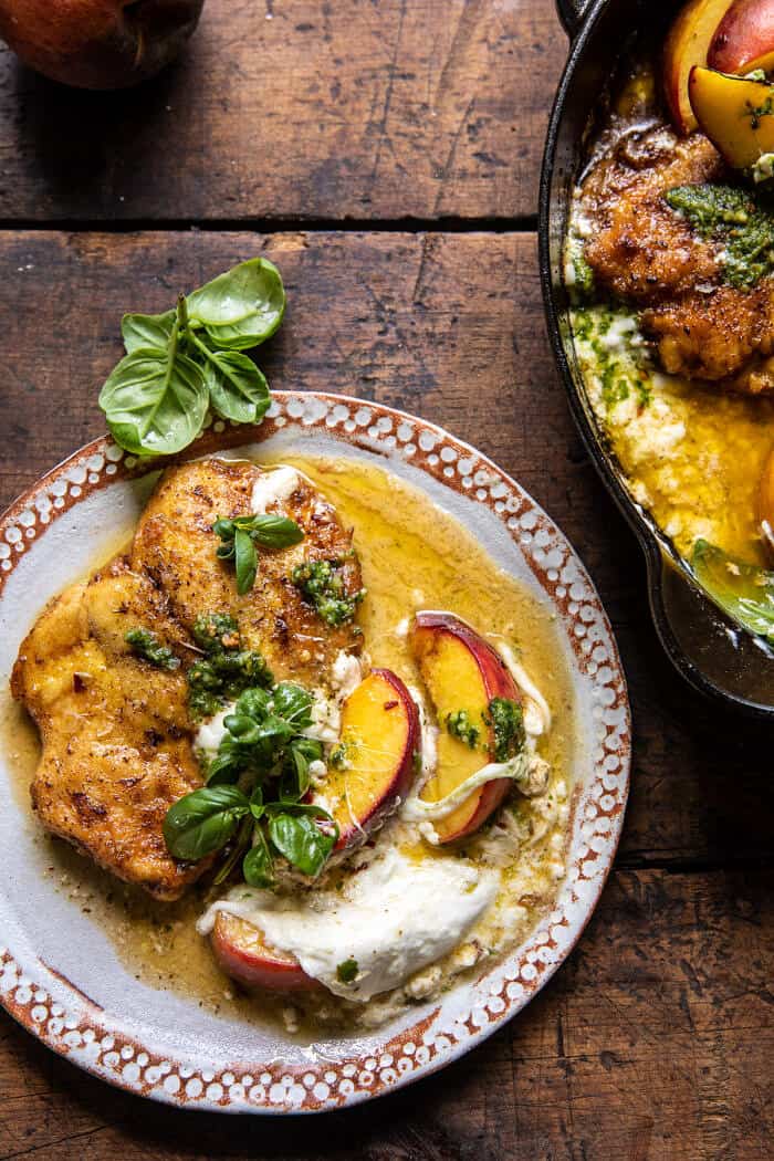 Pesto Peach Chicken in White Wine with Burrata | halfbakedharvest.com