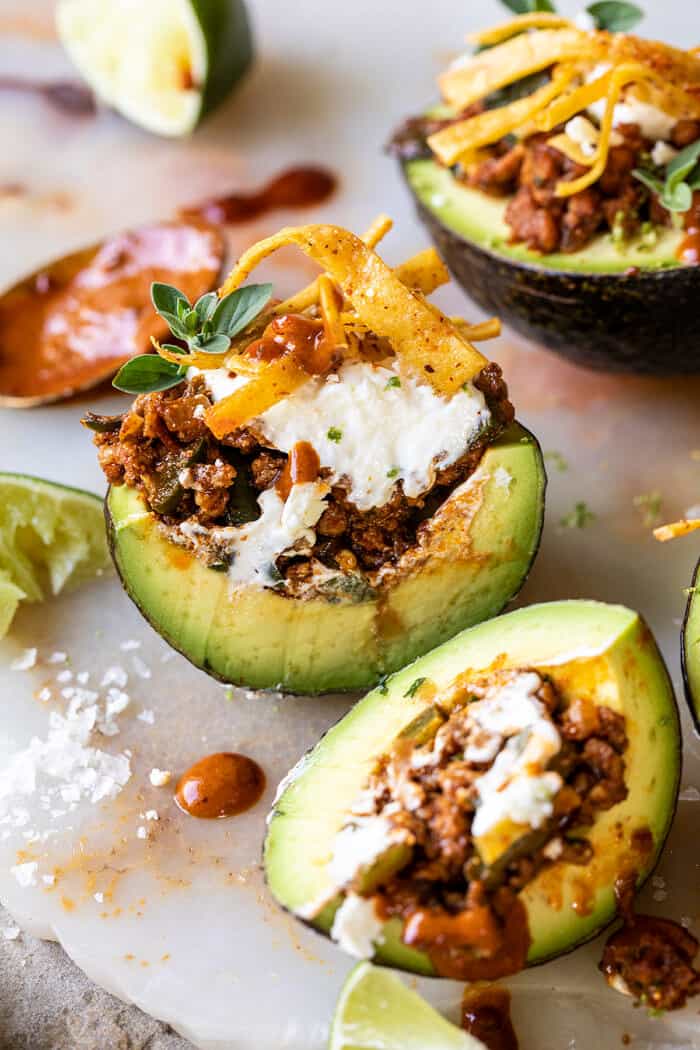 Taco Stuffed Avocados with Chipotle Sauce and Cilantro Lime Ranch | halfbakedharvest.com
