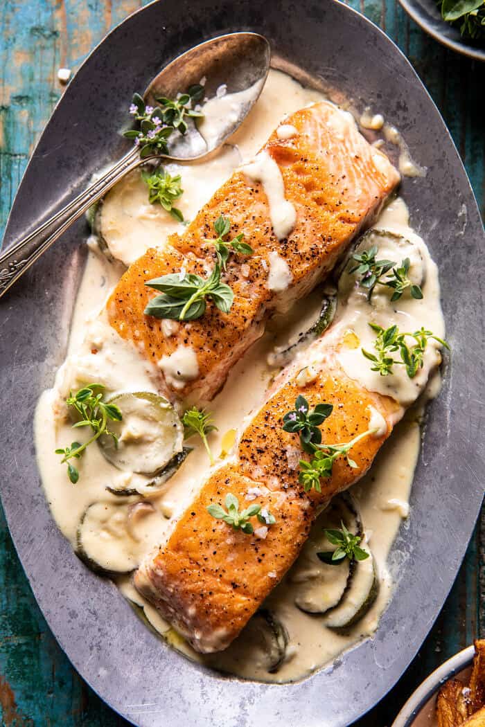 Creamed Feta Garlic Herb Butter Salmon | halfbakedharvest.com