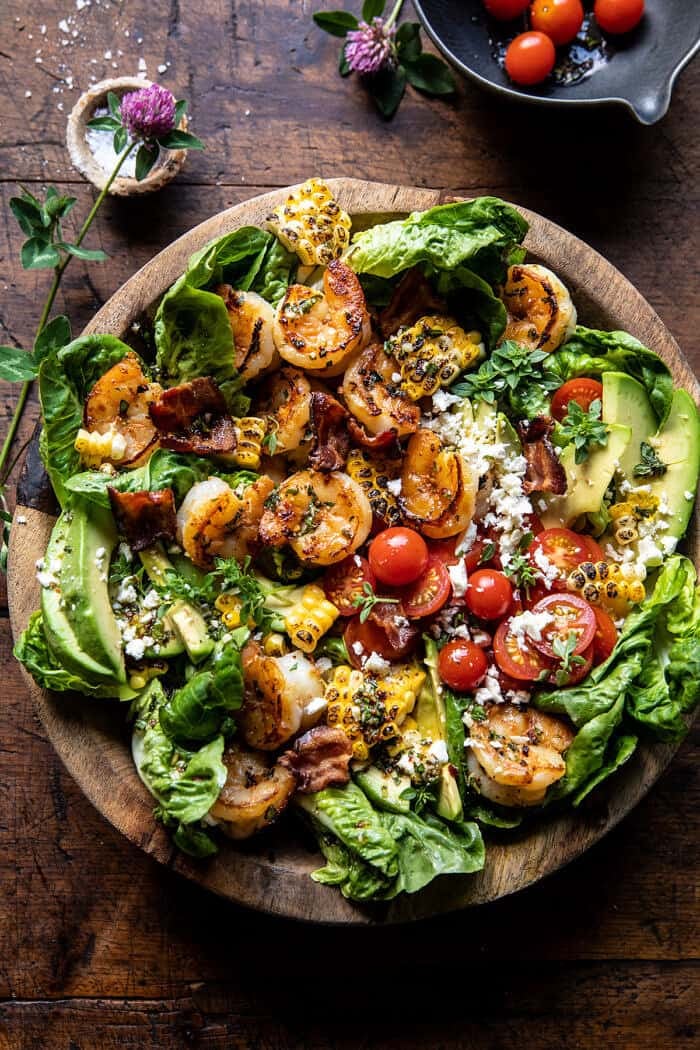 Honey Garlic Shrimp, Corn, and Avocado Bacon Salad | halfbakedharvest.com
