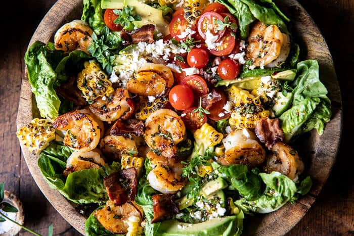 Honey Garlic Shrimp, Corn, and Avocado Bacon Salad | halfbakedharvest.com