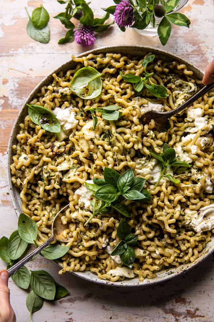 One Pot Melty Burrata Lemon Pesto Pasta | halfbakedharvest.com