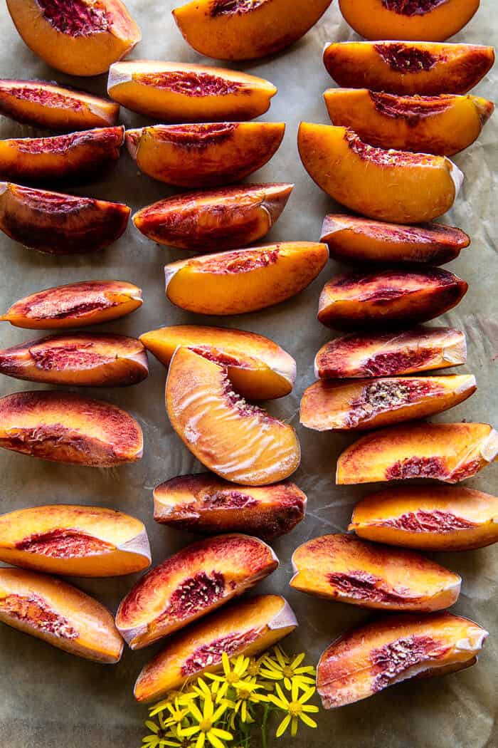 5 ingredient Raspberry Peach Sherbet | halfbakedharvets.com