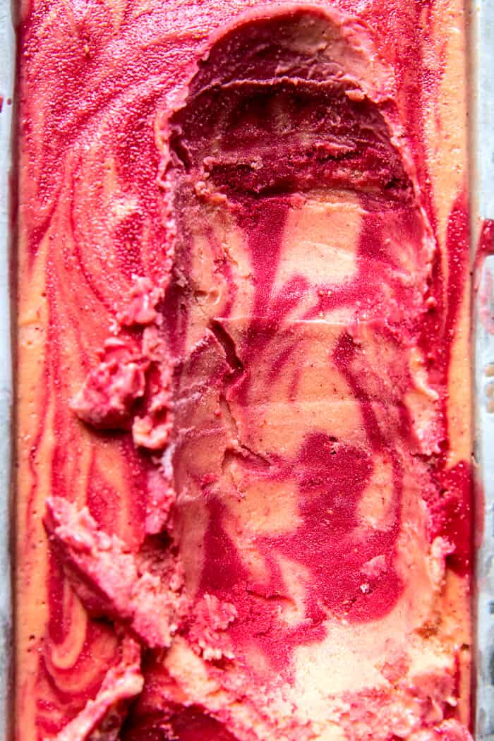 5 ingredient Raspberry Peach Sherbet | halfbakedharvets.com