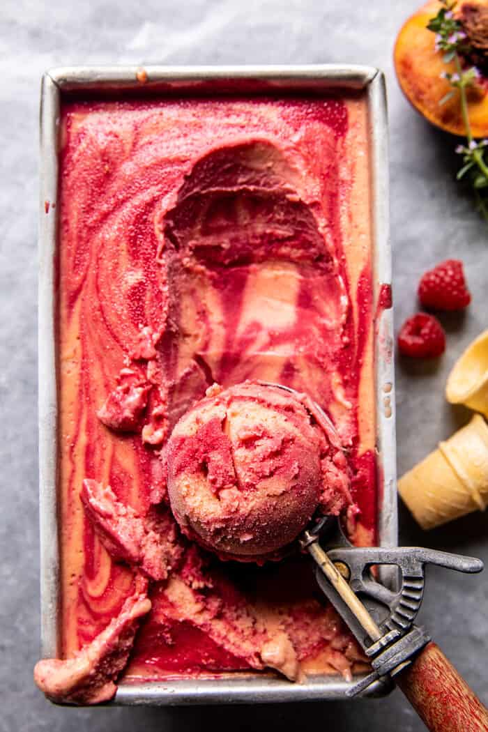 5 ingredient Raspberry Peach Sherbet | halfbakedharvets.com
