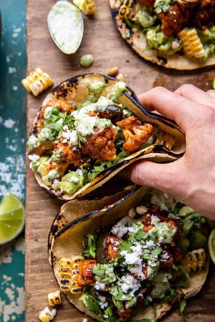 Chipotle Cauliflower Tacos with Creamy Jalapeño Verde | halfbakedharvest.com