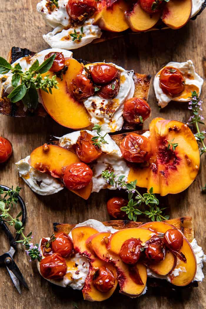Peach Burrata Crostini with Burst Cherry Tomato Vinaigrette | halfbakedharvest.com Peach Burrata Crostini with Burst Cherry Tomato Vinaigrette | halfbakedharvest.com