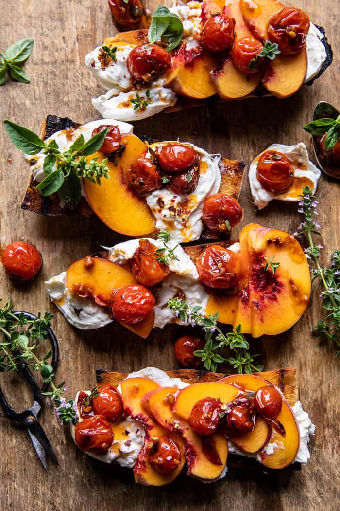 Peach Burrata Crostini with Burst Cherry Tomato Vinaigrette | halfbakedharvest.com Peach Burrata Crostini with Burst Cherry Tomato Vinaigrette | halfbakedharvest.com