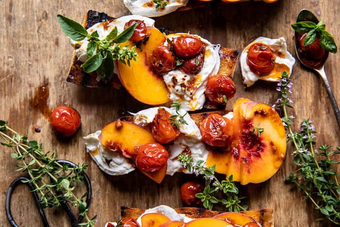 Peach Burrata Crostini with Burst Cherry Tomato Vinaigrette | halfbakedharvest.com Peach Burrata Crostini with Burst Cherry Tomato Vinaigrette | halfbakedharvest.com