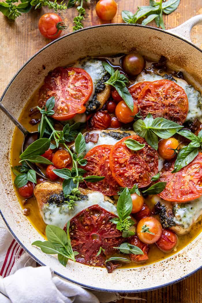 Pesto Caprese Chicken in White Wine Pan Sauce | halfbakedharvest.com