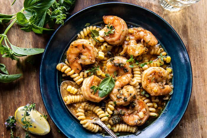 Spicy Lemon Butter Shrimp Scampi with Herbed Corn | halfbakedharvest.com