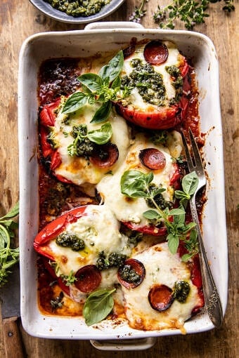 Spicy Pesto Cheese Stuffed Roasted Red Peppers | halfbakedharvest.com