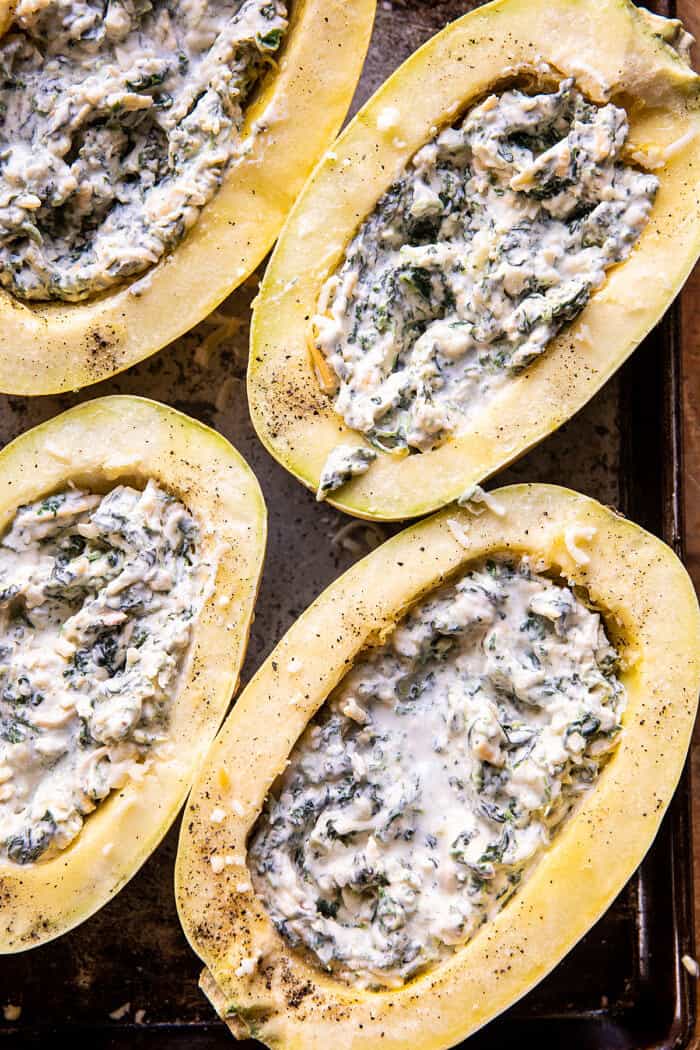 4 Cheese Roasted Garlic Alfredo Stuffed Spaghetti Squash | halffbakedharvest.com