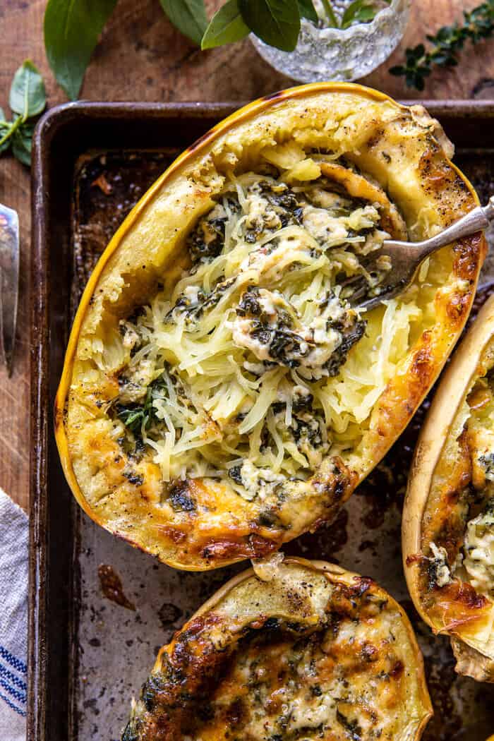 4 Cheese Roasted Garlic Alfredo Stuffed Spaghetti Squash | halffbakedharvest.com