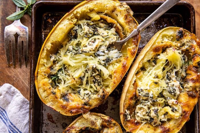 4 Cheese Roasted Garlic Alfredo Stuffed Spaghetti Squash | halffbakedharvest.com