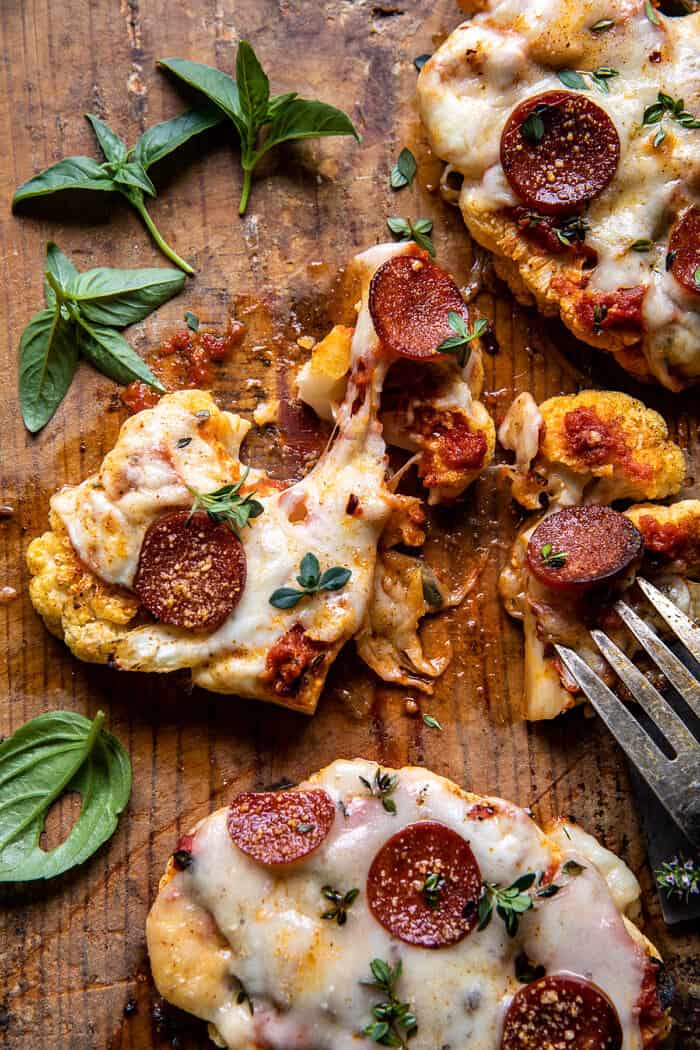 Easy Baked Cheesy Cauliflower Pizzas | halfbakedharvest.com