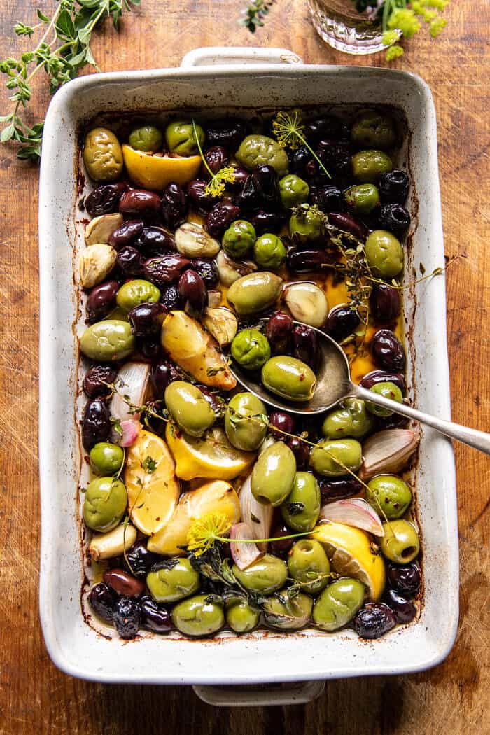 Honey Whipped Feta with Garlic Herb Roasted Olives | halfbakedharvest.com