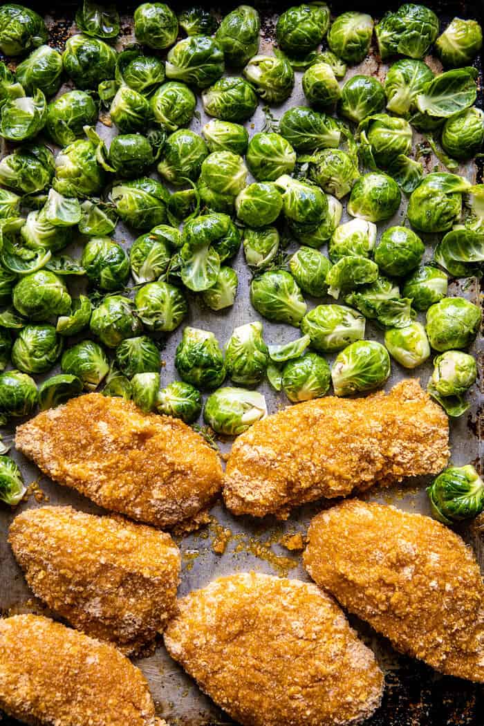 Sheet Pan Hot Honey Mustard Chicken and Crispy Brussels Sprouts | halfbakedharvest,com
