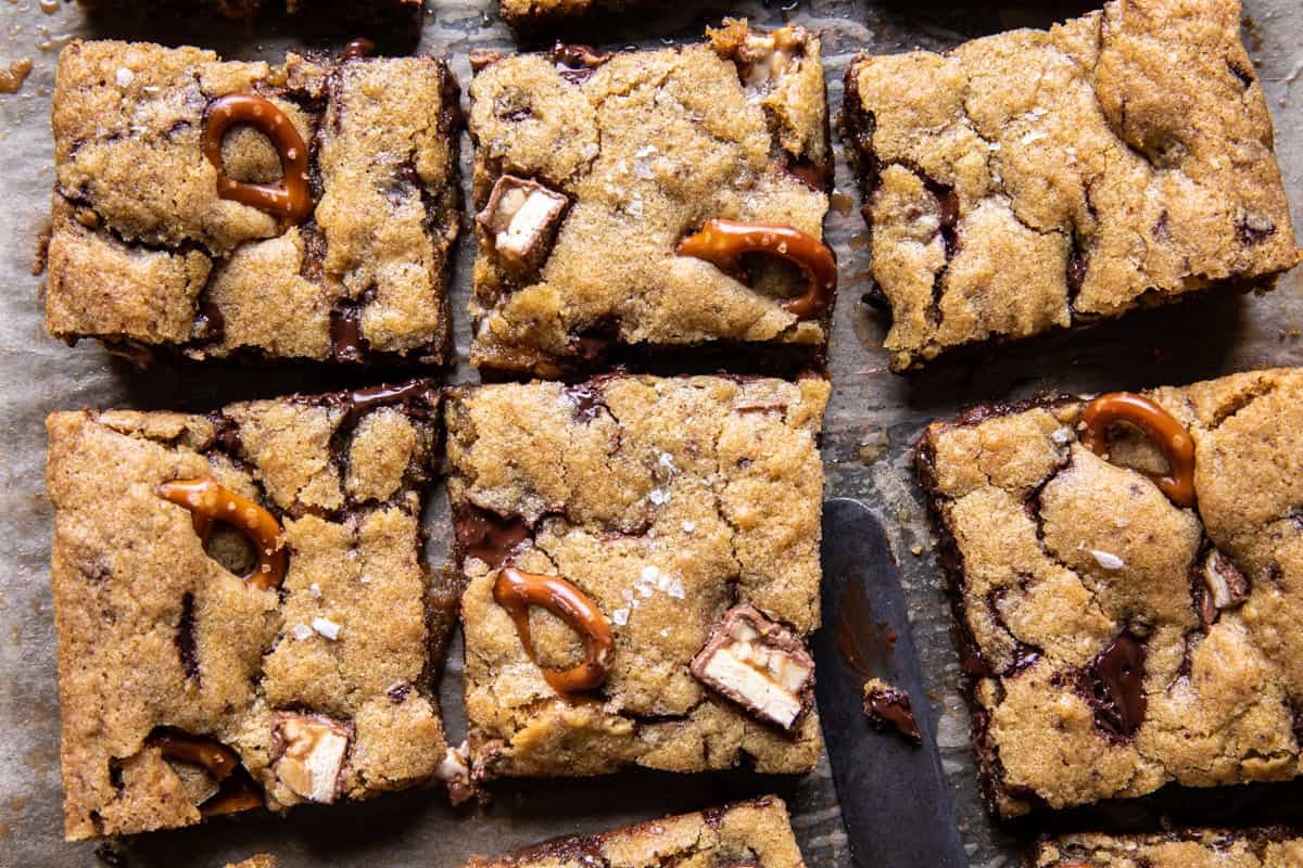 Pretzel Snickers Chocolate Chip Cookie Bars | halfbakedharvest.com
