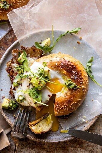Crispy Parmesan and Pesto Egg in a Bagel | halfbakedharvest.com