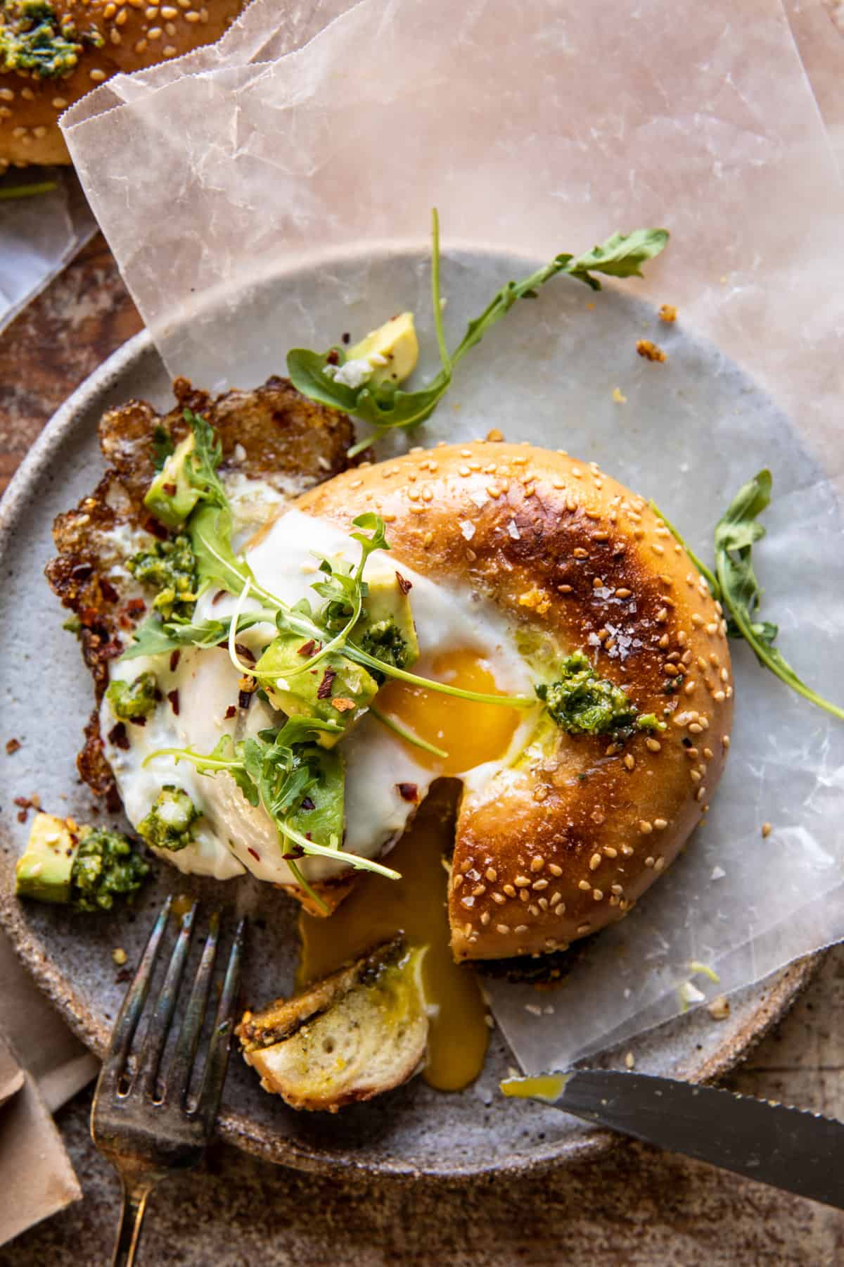 Crispy Parmesan and Pesto Egg in a Bagel | halfbakedharvest.com