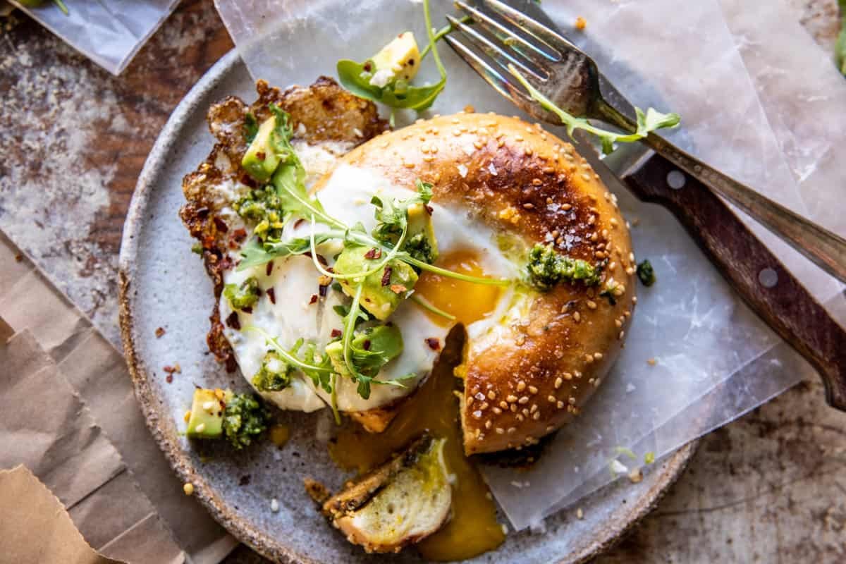 Crispy Parmesan and Pesto Egg in a Bagel | halfbakedharvest.com