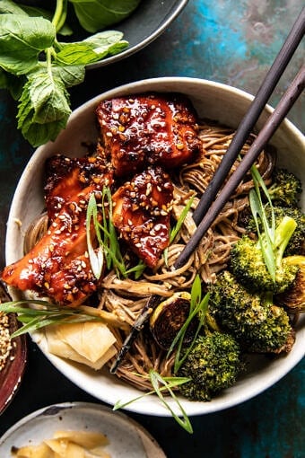 Honey Garlic Salmon Soba Noodle Bowls | halfbakedharvest.com