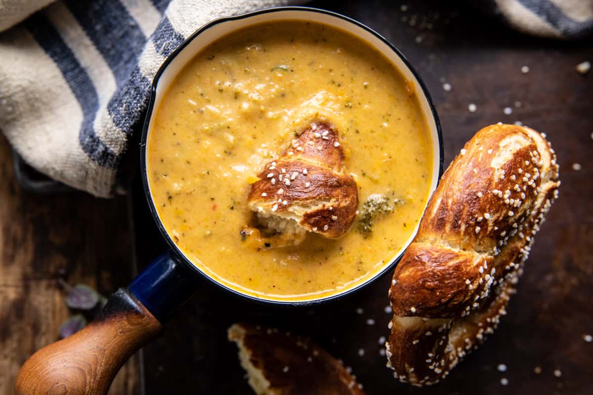 Lighter Creamy Broccoli Cheddar Soup | halfbakedharvest.com