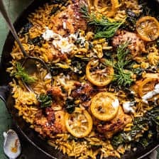 One Skillet Lemon Butter Dijon Chicken and Orzo with Feta Sauce | halfbakedharvest.com