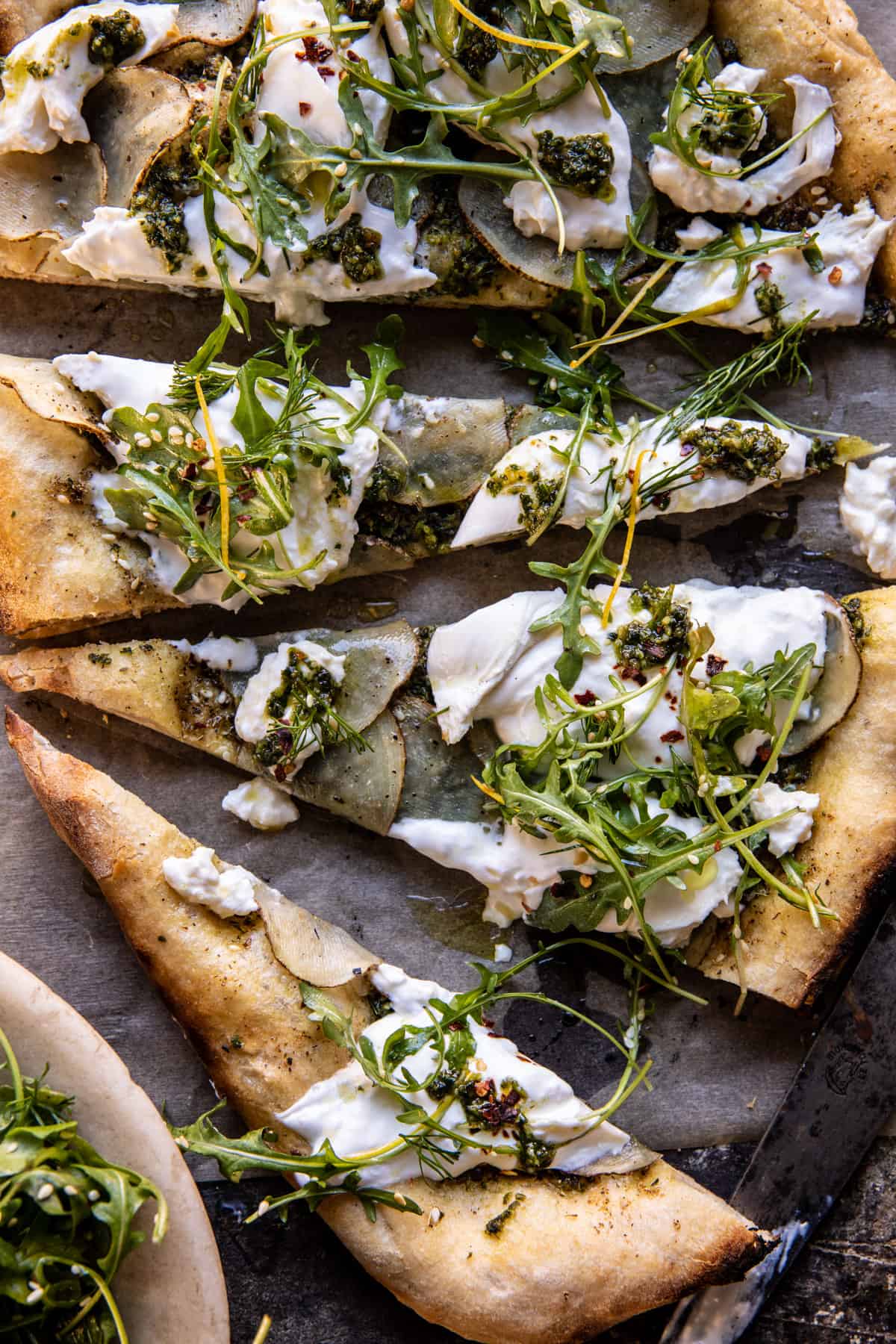 Pesto Potato Burrata Pizza with Spicy Arugula | halfbakedharvest.com