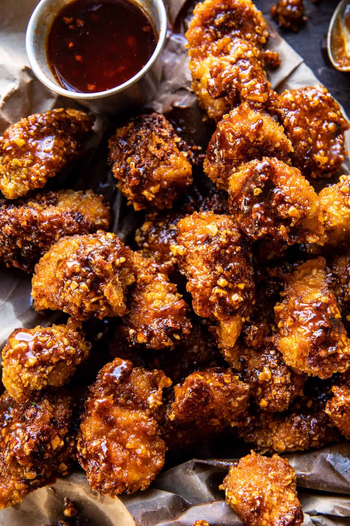 Oven Fried Southern Hot Honey Popcorn Chicken | halfbakedharvest.com