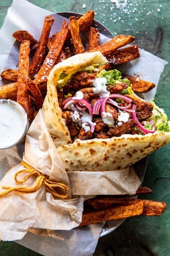 Quick Sheet Pan Chicken Gyros with Feta Tzatziki | halfbakedharvet.com