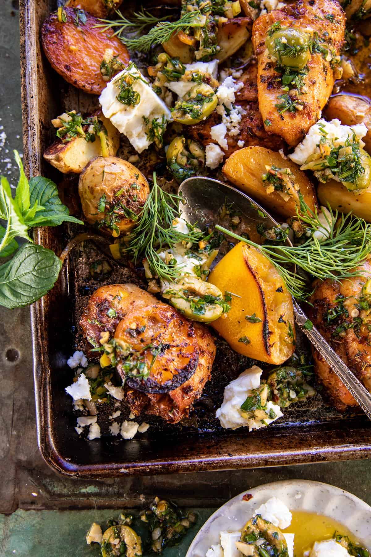 Sheet Pan Greek Garlic Butter Chicken and Potatoes | halfbakedharvest.com