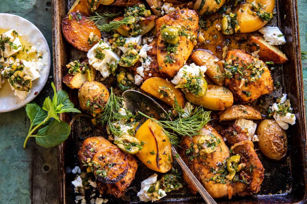Sheet Pan Greek Garlic Butter Chicken and Potatoes | halfbakedharvest.com