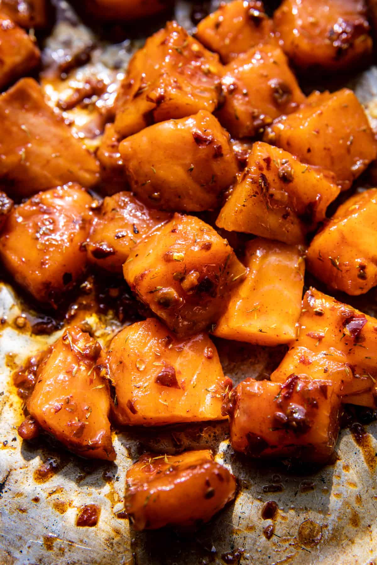raw salmon on sheet pan