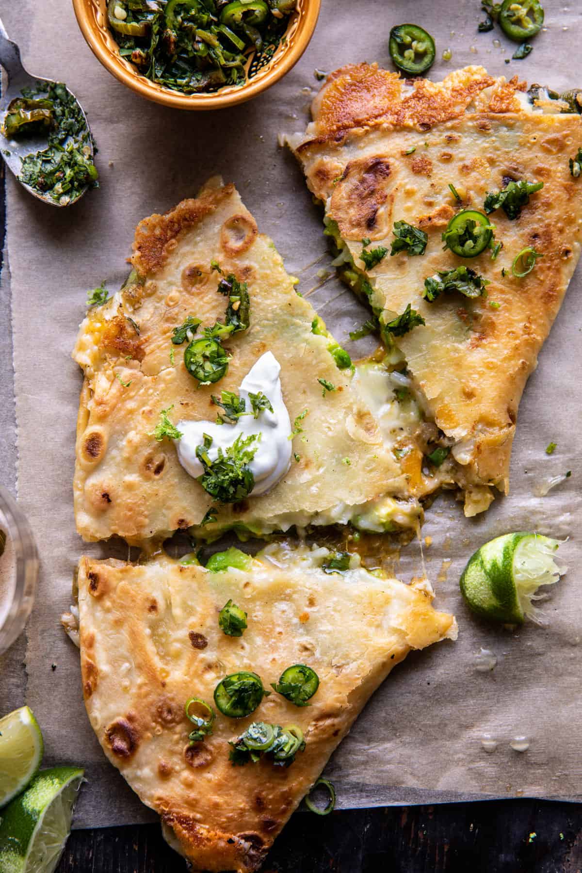 Cheesy Green Chile and Avocado Rice Quesadillas | halfbakedharvest.com