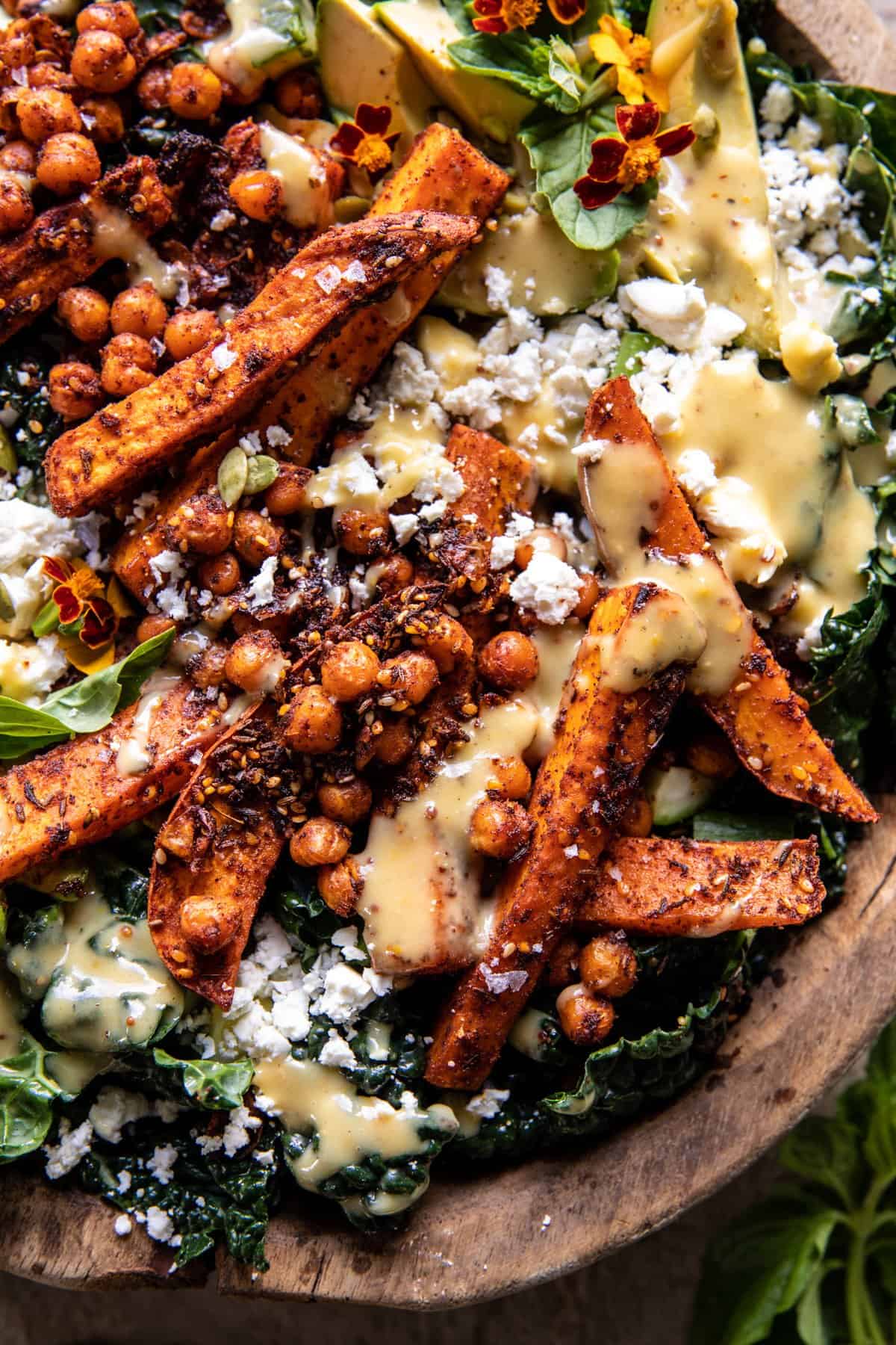 Sweet Potato Kale Salad with Creamy Honey Mustard Dressing | halfbakedharvest.com