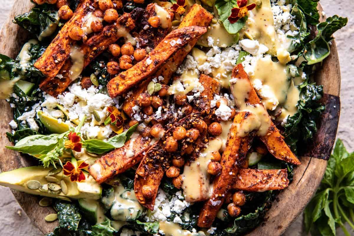Sweet Potato Kale Salad with Creamy Honey Mustard Dressing | halfbakedharvest.com