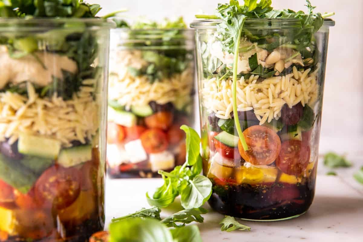 Marinated Tomato Feta Orzo Salad Jars | halfbaledharvest.com